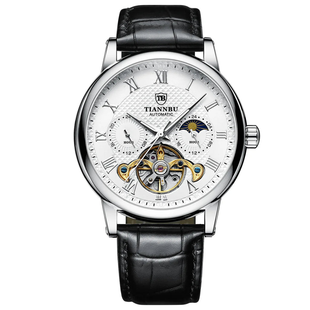 Montre mécanique automatique pour homme avec aiguilles lumineuses, bracelet en cuir, étanche, style tendance et sportif, motif solaire, haute qualité