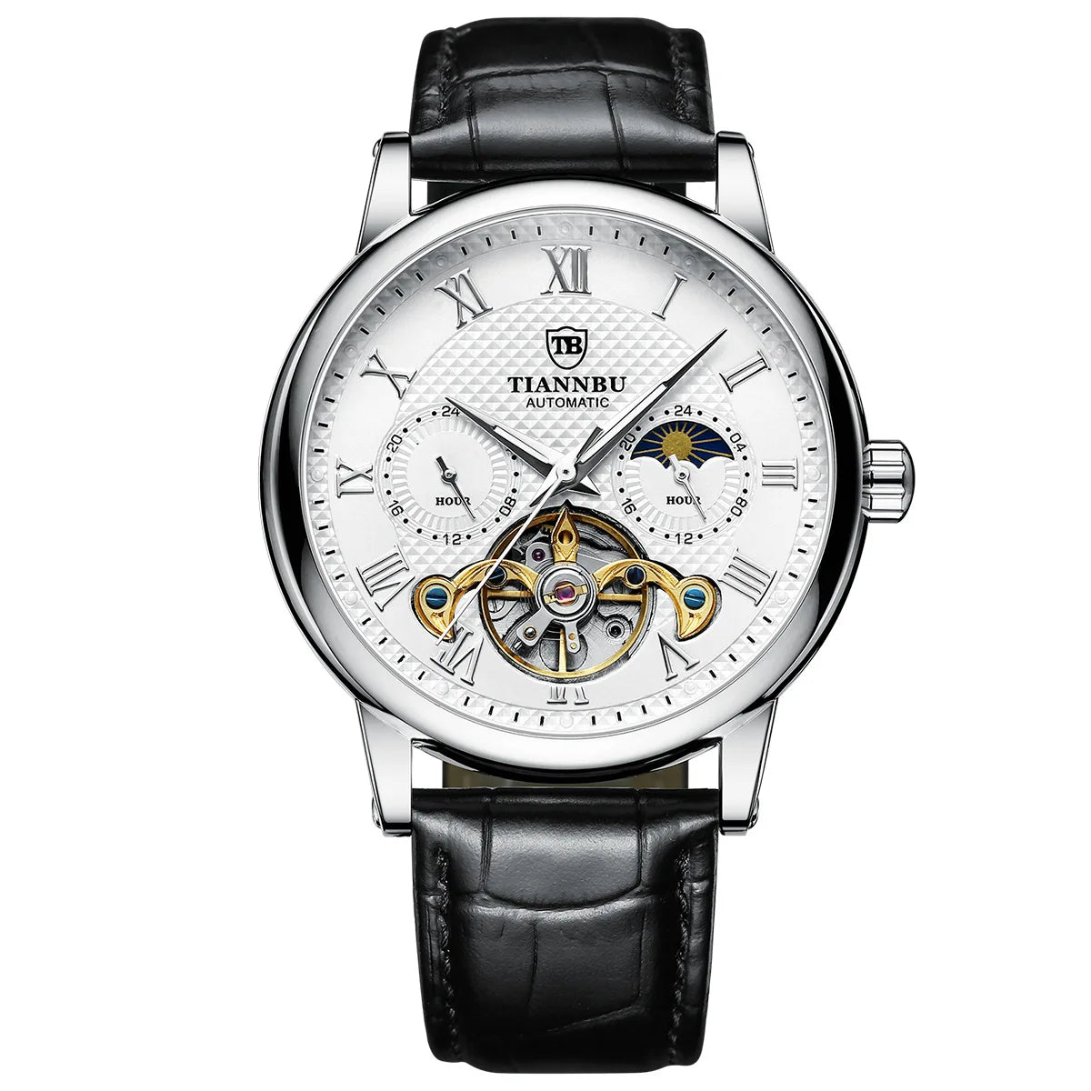 Montre mécanique automatique pour homme avec aiguilles lumineuses, bracelet en cuir, étanche, style tendance et sportif, motif solaire, haute qualité