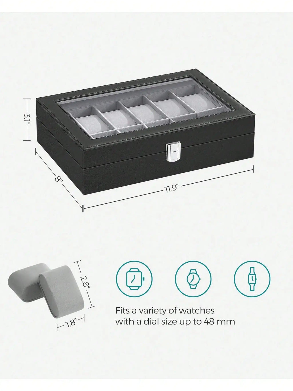 12-Slot Lockable Watch Box with Glass Lid & Drawer, 2-Layer Leather Watch Display Case Organizer for Rings Bracelets, Black/Brown/Gray
