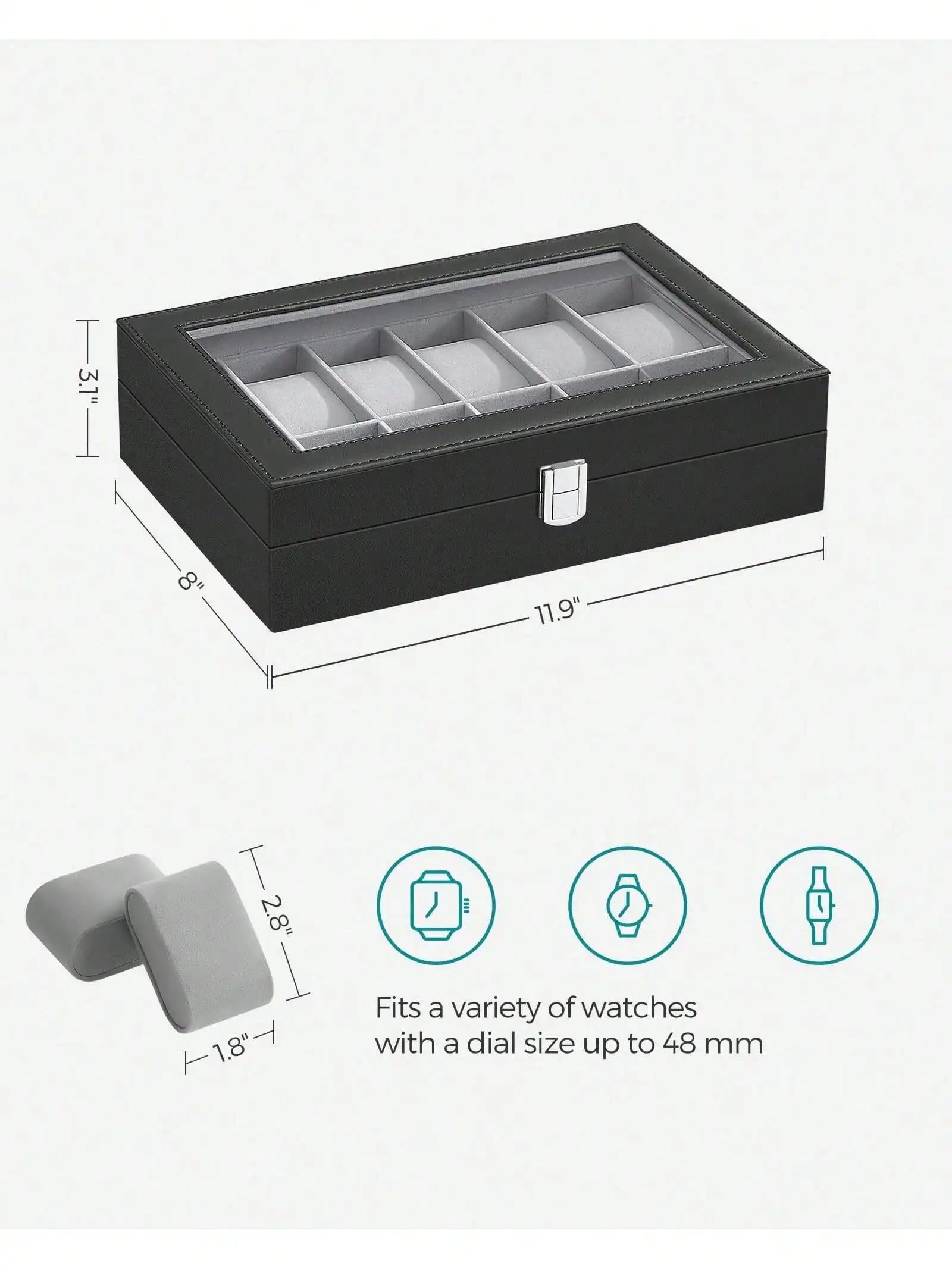 12-Slot Lockable Watch Box with Glass Lid & Drawer, 2-Layer Leather Watch Display Case Organizer for Rings Bracelets, Black/Brown/Gray