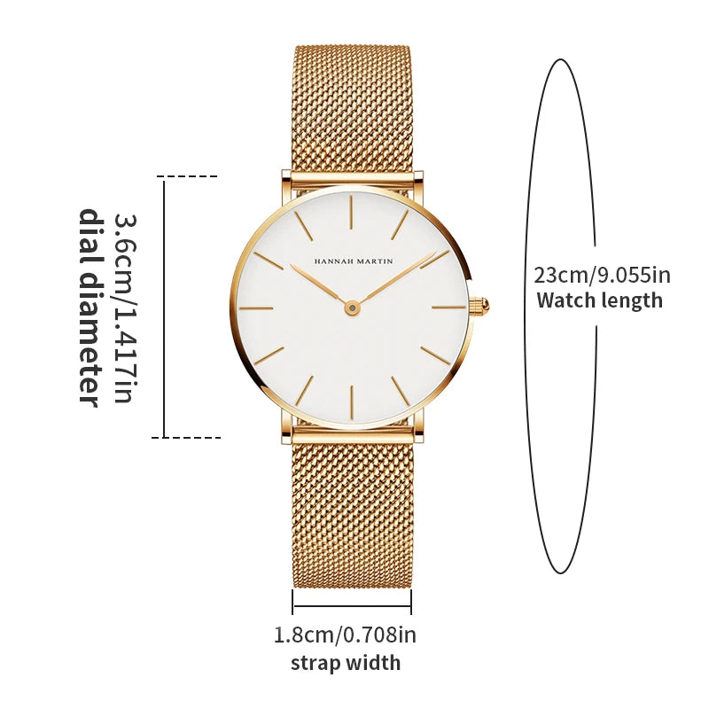 Montre pour femme Hannah Martin, bracelet en maille acier inoxydable, mouvement à quartz japonais