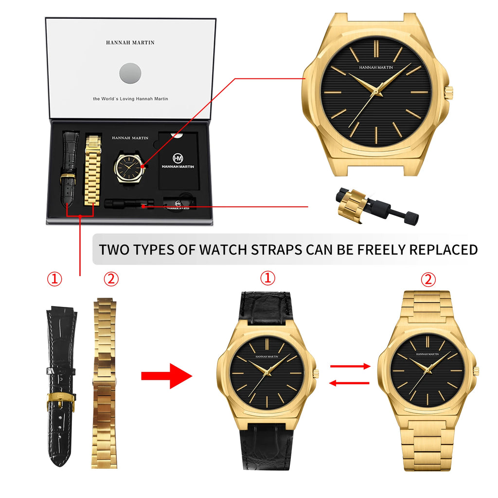 Montre femmes et Homme HANNAH MARTIN en cuir et acier inoxydable, mouvement japonais
