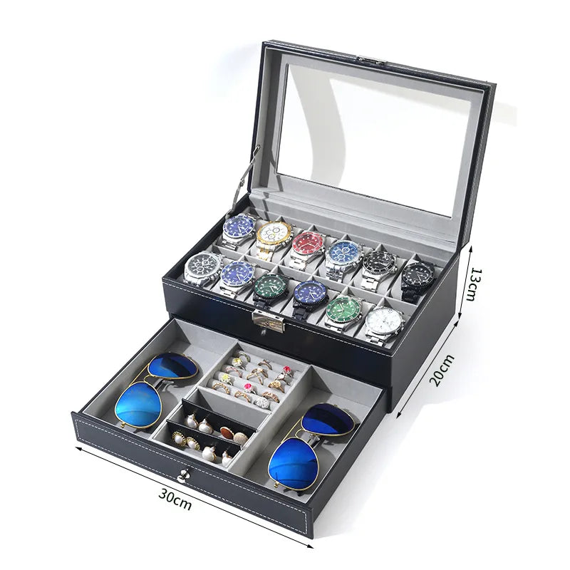 New 12 Slot Leather Lockable Watch Storage Boxes,Men & Women's Jewelry Display Drawer Case, 2-Tier Organizer Watch Showcase