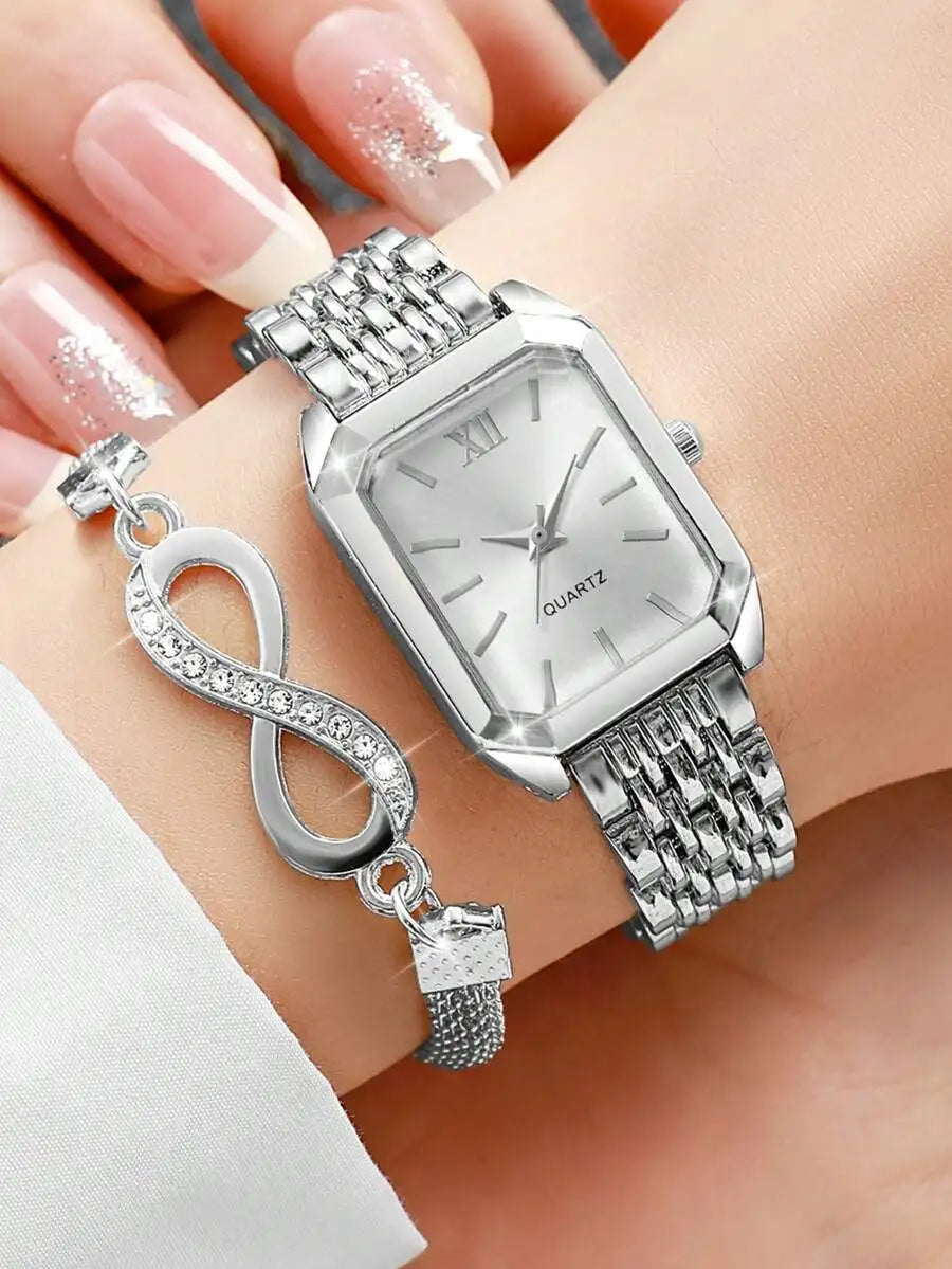 Montre femmes à cadran carré minimaliste en quartz + bracelet