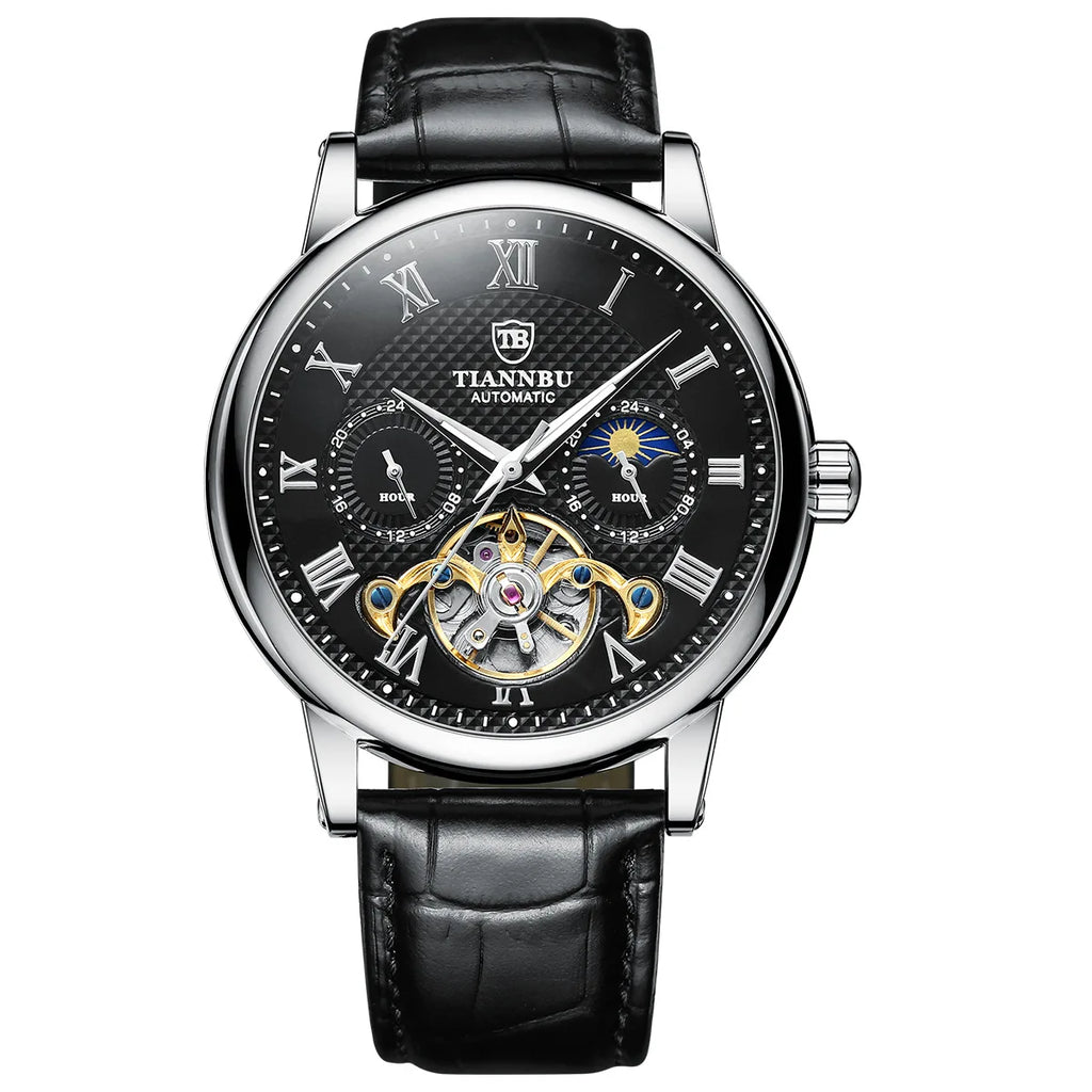 Montre mécanique automatique pour homme avec aiguilles lumineuses, bracelet en cuir, étanche, style tendance et sportif, motif solaire, haute qualité