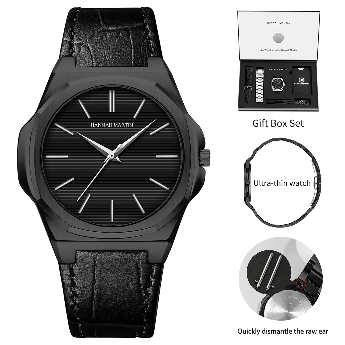 Montre femmes et Homme HANNAH MARTIN en cuir et acier inoxydable, mouvement japonais
