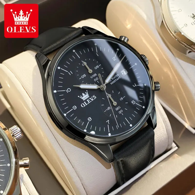 Montre Homme OLEVS, bracelet en cuir, montre mouvement quartz