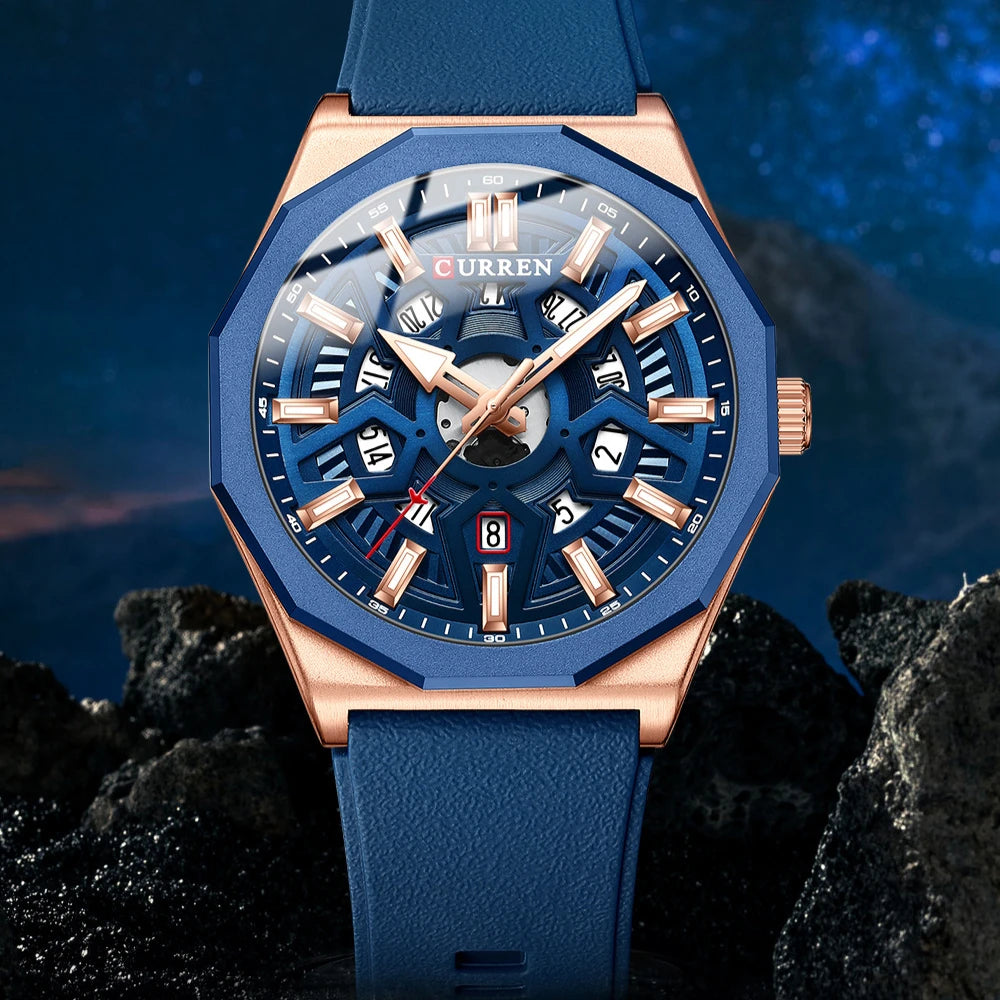 CURREN 8437 Unisex Minimalist Quartz Watch Polygonal Skeleton Sports Waterproof Silicone-Strap Wristwatch