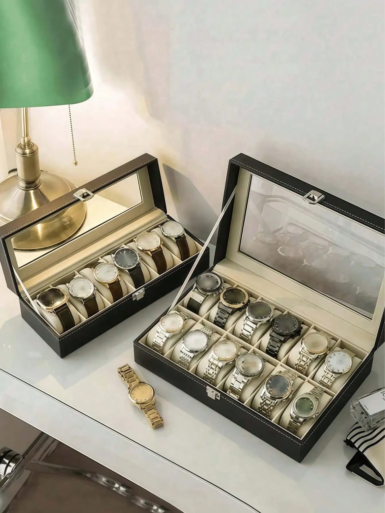 Leather Watch Box with Lock, Large Capacity Watch Display Case, High-End Jewelry Storage Organizer for Men Women, Home Vanity Dresser