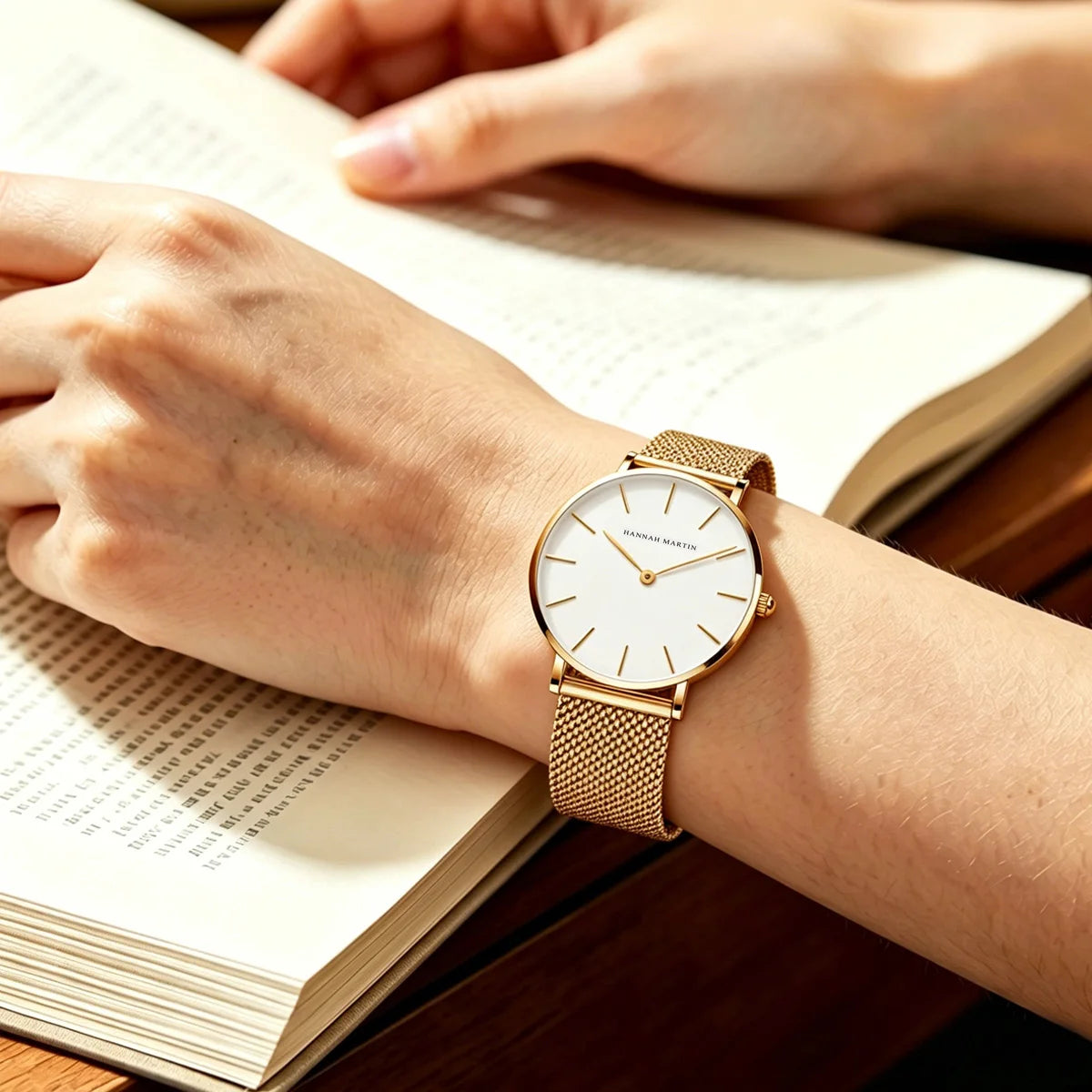 Montre pour femme Hannah Martin, bracelet en maille acier inoxydable, mouvement à quartz japonais