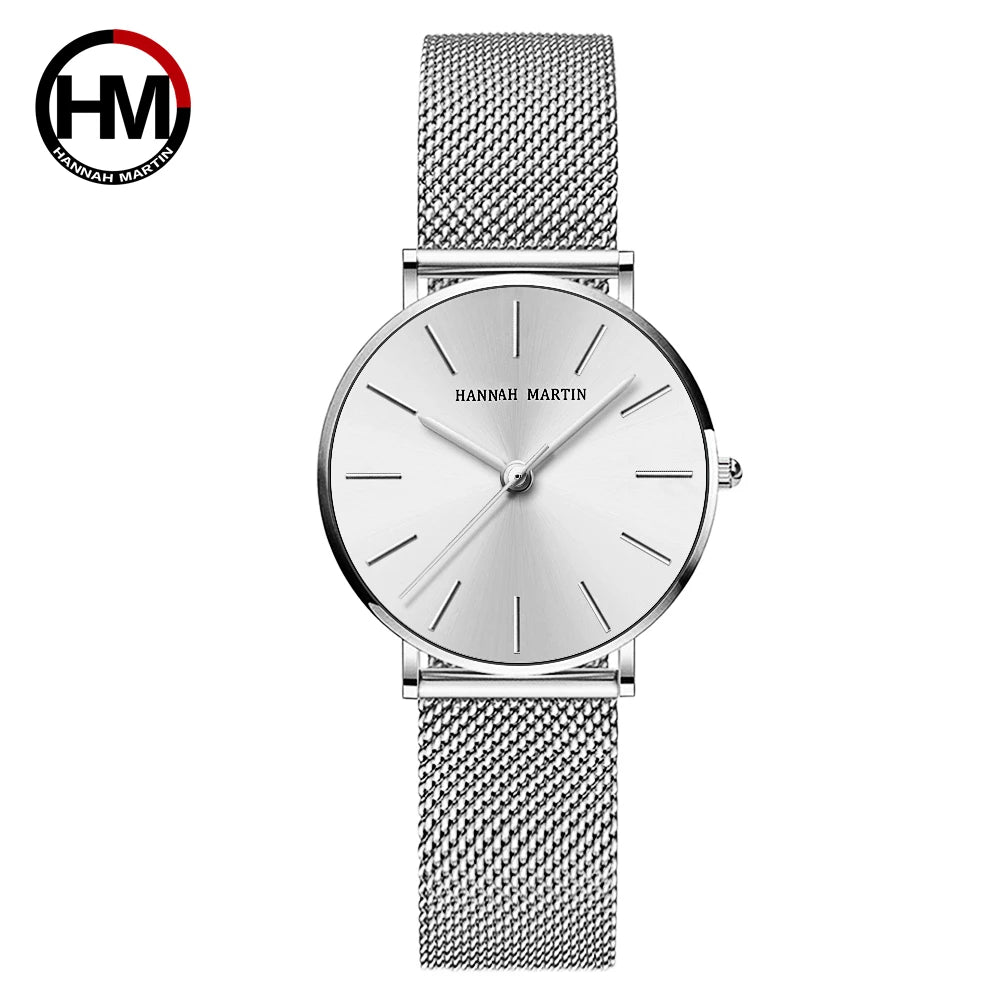Montre pour femme Hannah Martin, bracelet en maille acier inoxydable, mouvement à quartz japonais