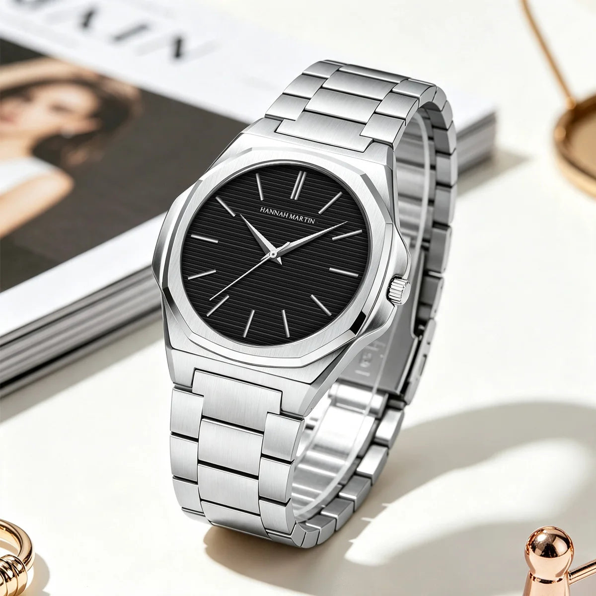 Montre femmes et Homme HANNAH MARTIN en cuir et acier inoxydable, mouvement japonais