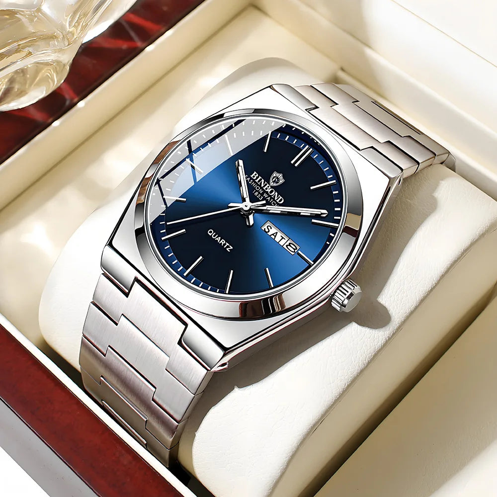 BINBOND Genuine Men Watch Light Luxury Stainless Steel Double Calendar Waterproof Male Business Fashion Quartz Clock Watches