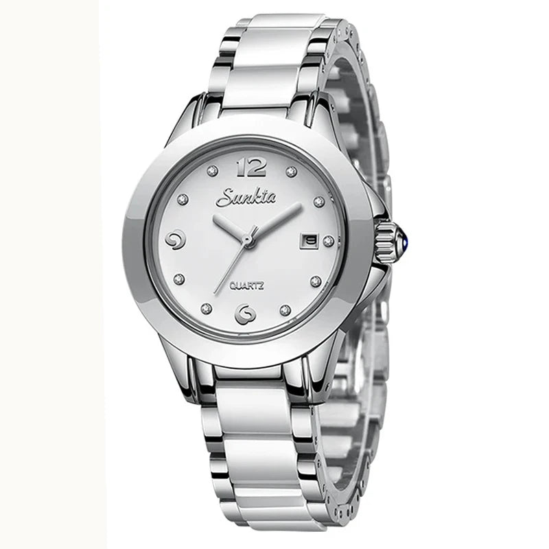 Montre Femme Sunkta Fashion Décontractée Quartz Élégante Luxe Céramique Diamant cadrant Étanche Montres pour Femme