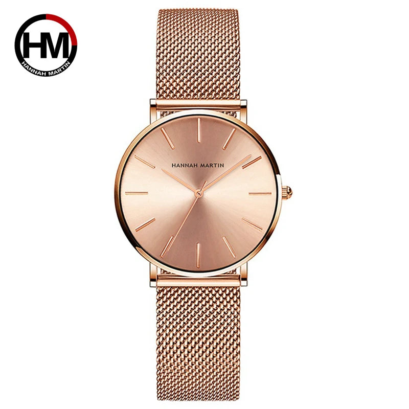 Montre pour femme Hannah Martin, bracelet en maille acier inoxydable, mouvement à quartz japonais
