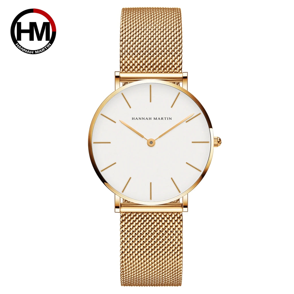 Montre pour femme Hannah Martin, bracelet en maille acier inoxydable, mouvement à quartz japonais