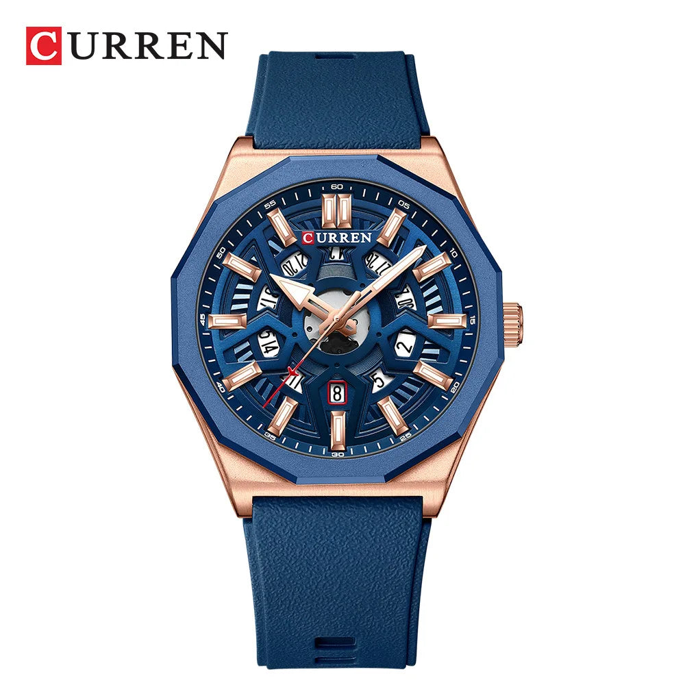 CURREN 8437 Unisex Minimalist Quartz Watch Polygonal Skeleton Sports Waterproof Silicone-Strap Wristwatch