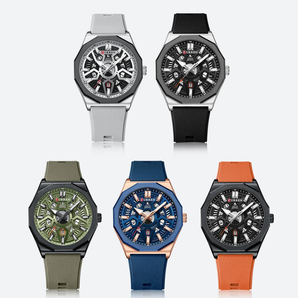 CURREN 8437 Unisex Minimalist Quartz Watch Polygonal Skeleton Sports Waterproof Silicone-Strap Wristwatch