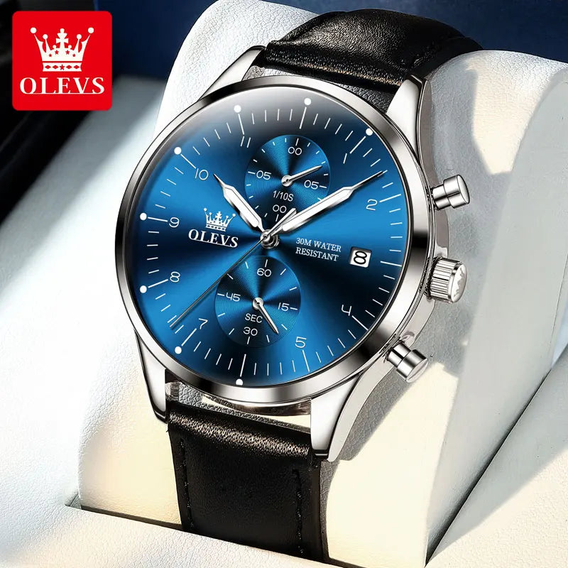 Montre Homme OLEVS, bracelet en cuir, montre mouvement quartz