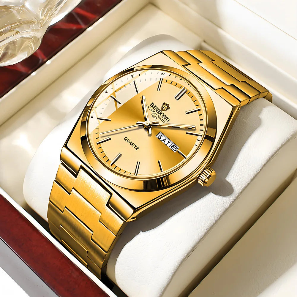 BINBOND Genuine Men Watch Light Luxury Stainless Steel Double Calendar Waterproof Male Business Fashion Quartz Clock Watches