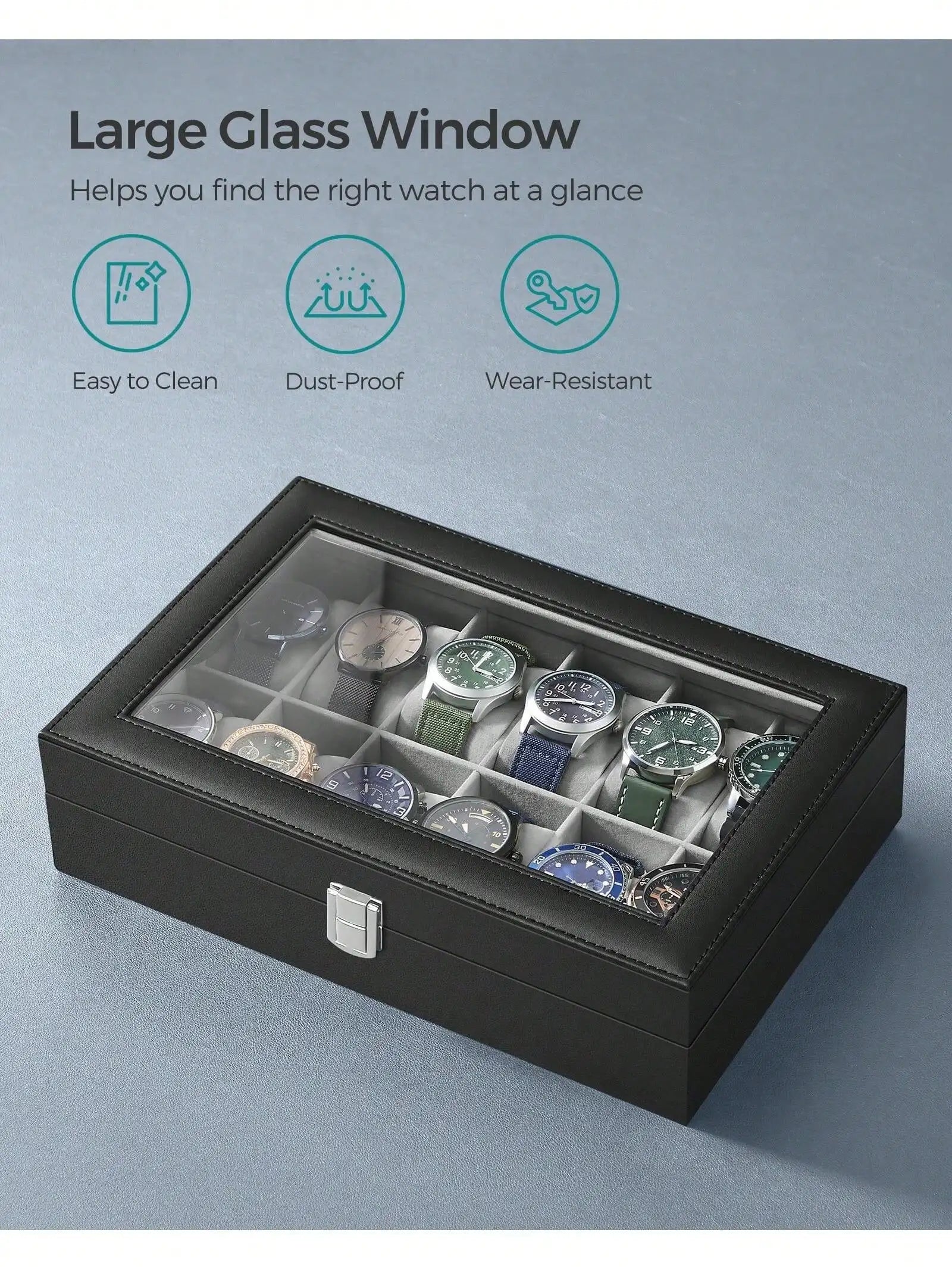 12-Slot Lockable Watch Box with Glass Lid & Drawer, 2-Layer Leather Watch Display Case Organizer for Rings Bracelets, Black/Brown/Gray