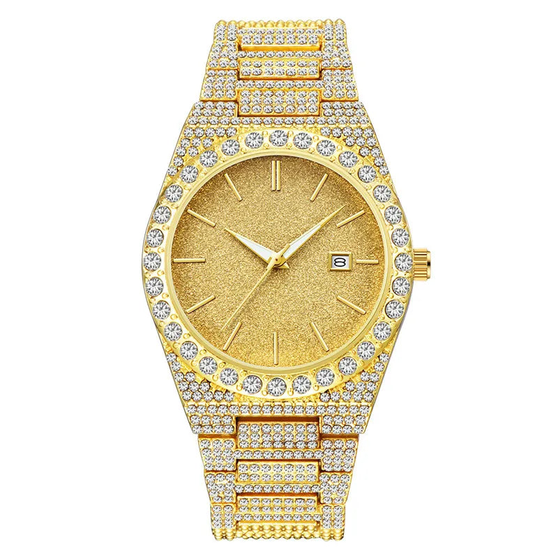 Men Big Brand Watches Hip Hop Diamond Fashion Alloy Band Date Golden Luxury Vintage Quartz Watch Montres De Marque De Luxe 2024