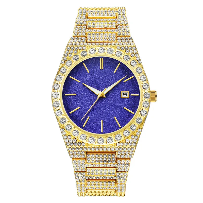 Men Big Brand Watches Hip Hop Diamond Fashion Alloy Band Date Golden Luxury Vintage Quartz Watch Montres De Marque De Luxe 2024