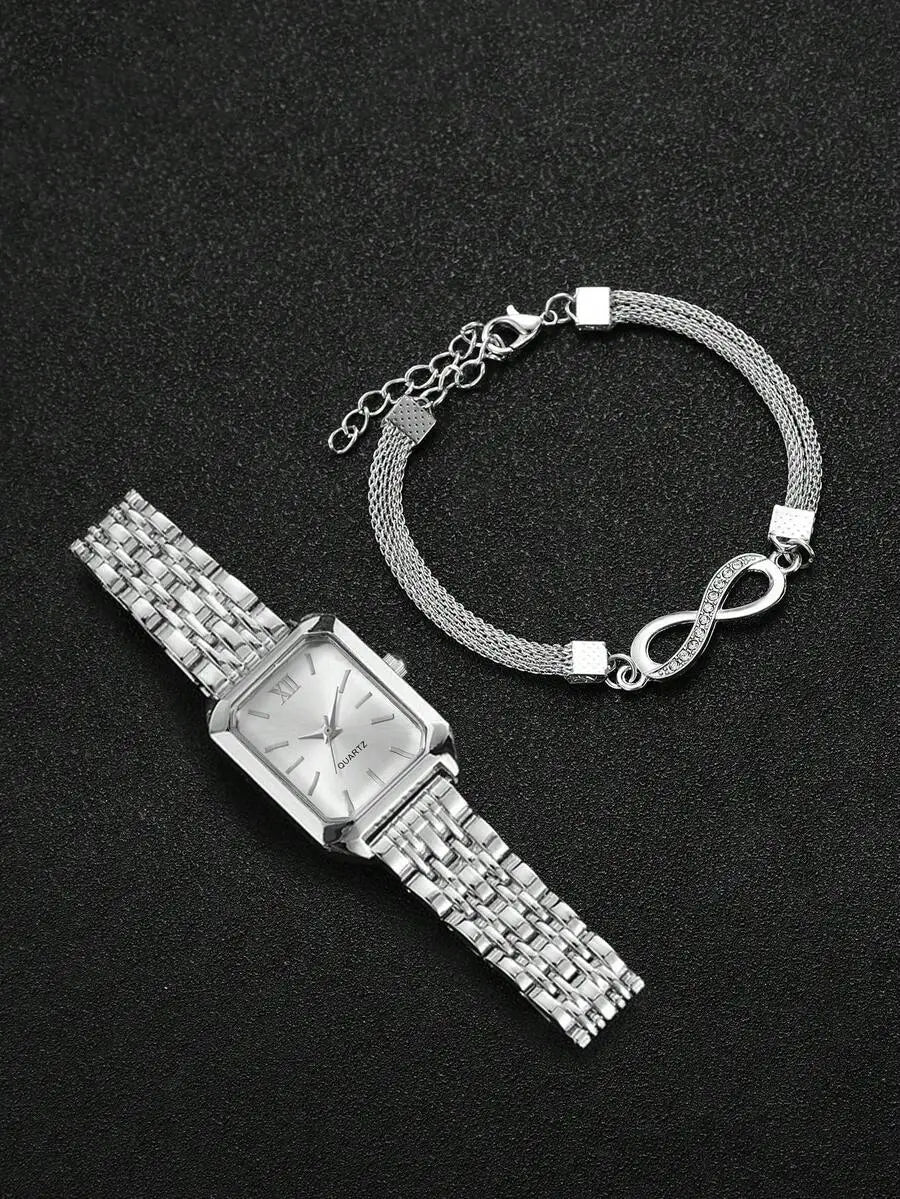 Montre femmes à cadran carré minimaliste en quartz + bracelet