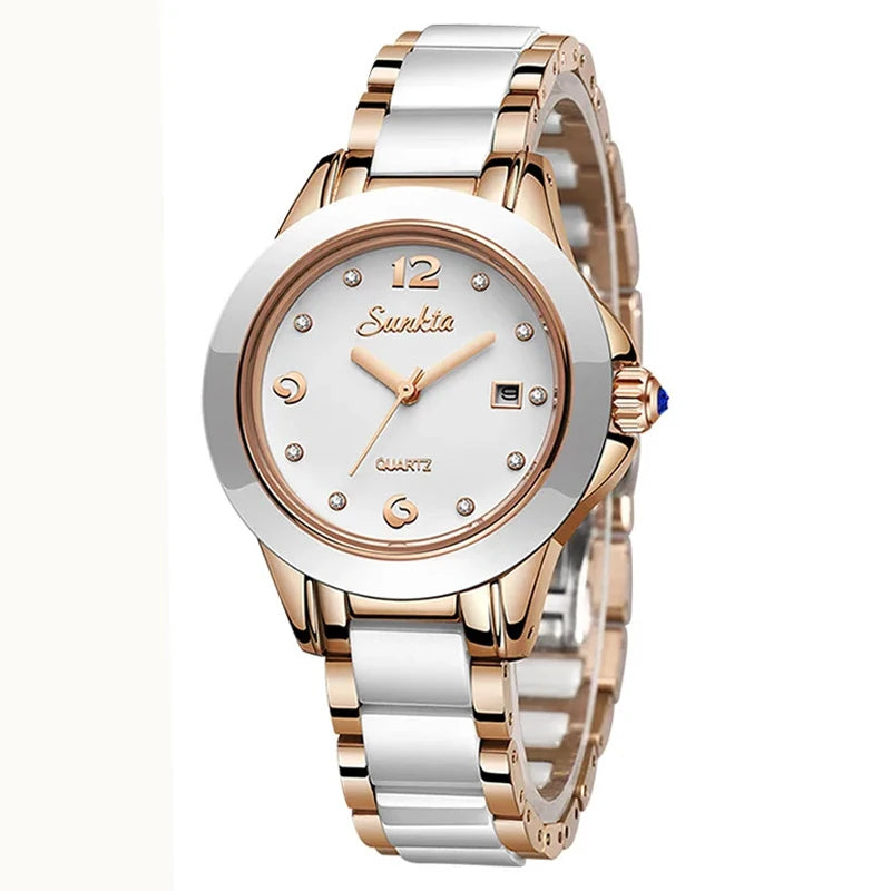 Montre Femme Sunkta Fashion Décontractée Quartz Élégante Luxe Céramique Diamant cadrant Étanche Montres pour Femme