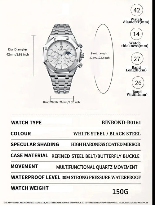 BINBOND Quality Men Watch Luxury High Man Quartz Wristwatch Waterproof Luminous Date Stainless Steel Men's Watches Casual Clock