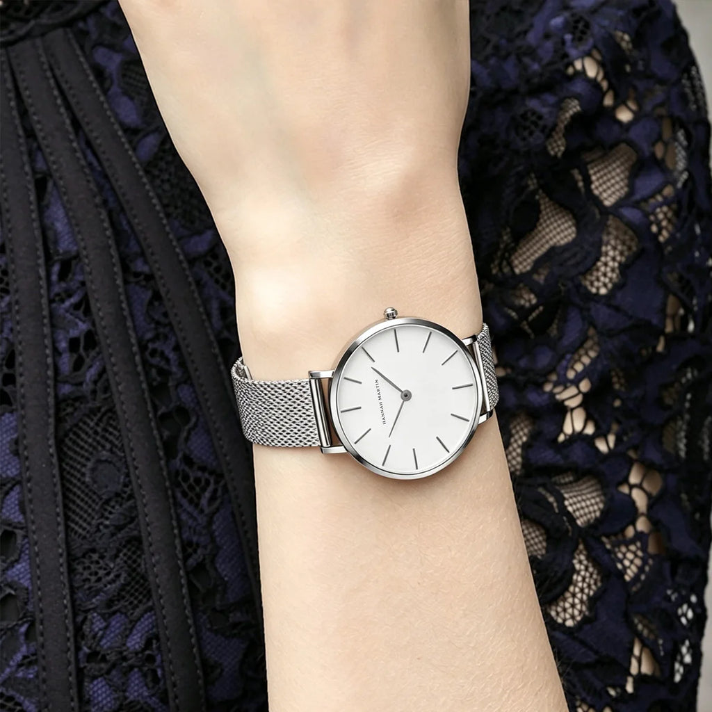 Montre pour femme Hannah Martin, bracelet en maille acier inoxydable, mouvement à quartz japonais
