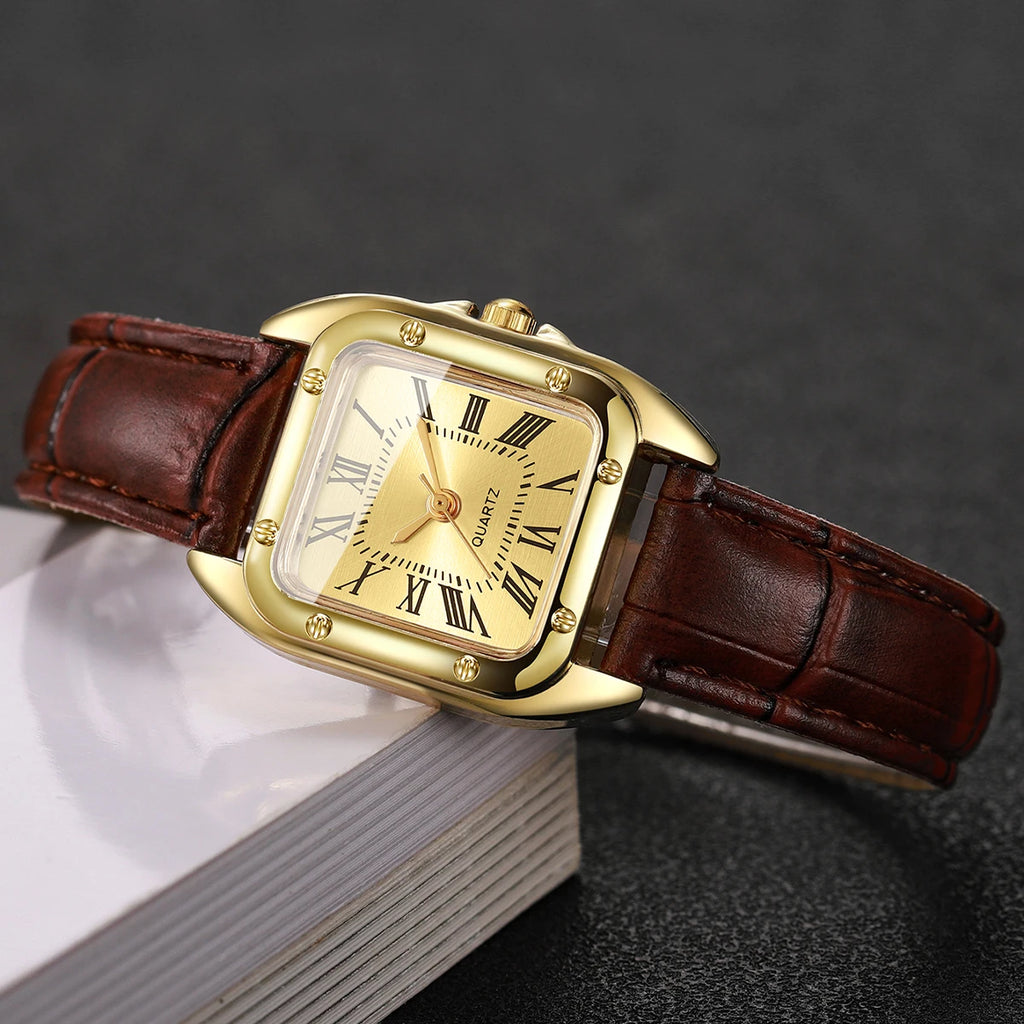 Fashion Square Women Leather Strap Wristwatches Casual Roma Dial Quartz Watch For Ladies Clock Relogio Feminino (Without Box)