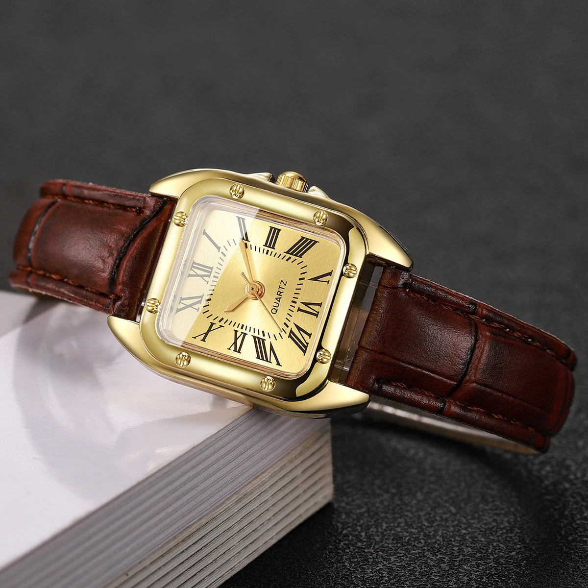 Fashion Square Women Leather Strap Wristwatches Casual Roma Dial Quartz Watch For Ladies Clock Relogio Feminino (Without Box)