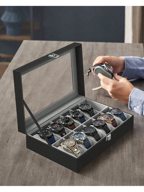 12-Slot Lockable Watch Box with Glass Lid & Drawer, 2-Layer Leather Watch Display Case Organizer for Rings Bracelets, Black/Brown/Gray