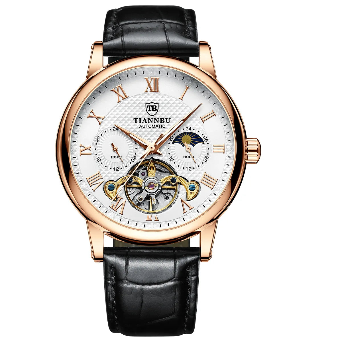 Montre mécanique automatique pour homme avec aiguilles lumineuses, bracelet en cuir, étanche, style tendance et sportif, motif solaire, haute qualité